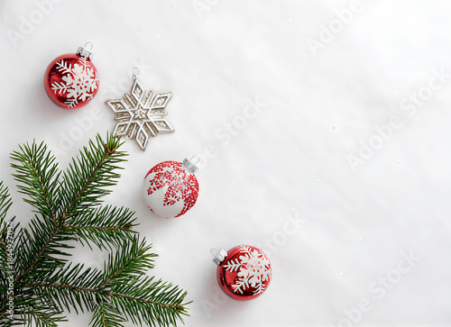 White Christmas background with spruce frosty brunches and Christmas lights