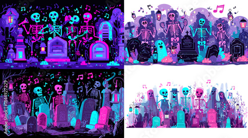 Spooky neon Halloween illustration featuring cartoon monsters ghosts and haunted elements in vibrant glowing colors perfect for party posters themed designs and festive visuals.