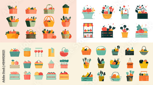 Cute market and shop illustration collection featuring food stalls displays and products in a bright playful style ideal for retail branding food themes and cheerful design projects.