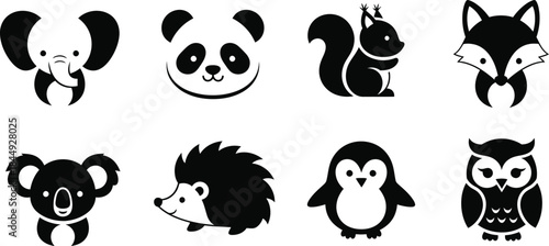 Collection of 8 cute animal faces in black and white