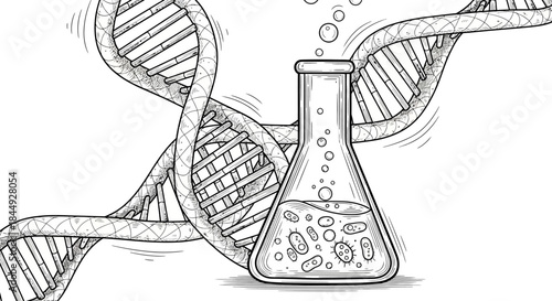 DNA helix and bacteria in flask for science research