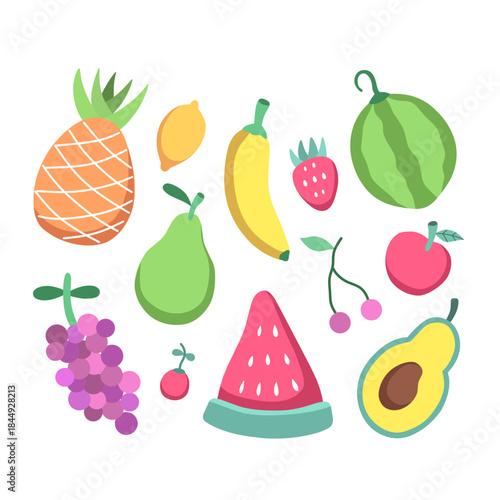 Set of illustrations of various types of fresh fruit, such as pineapple, melon, avocado, strawberry, banana, apple, lemon, orange. Vector isolated on a white background.