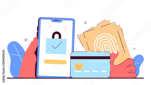 Cartoon illustration of a mobile phone displaying a lock icon and a credit card for secure payment