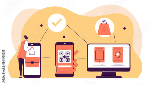 Illustration of a person using a smartphone to scan a qr code for online shopping on a computer screen