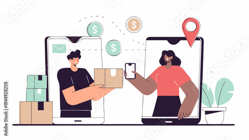 Online delivery service concept with man delivering package to woman via mobile application interface