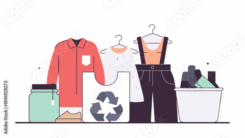 Illustration of clothing items on hangers, a jar, shoes, a bag with a recycle symbol, and a bin filled