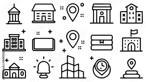 Outline icons depicting buildings, locations, books, a clock, and a light on a white background