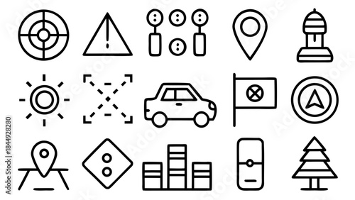 Collection of various outline icons including target, warning, people, location, car and navigation elements