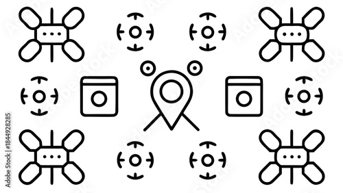 Illustration showing location pin, container boxes, and fan icons in a symmetrical arrangement