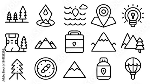 Outline icons depicting outdoor adventure and travel related elements in a simple and clean style