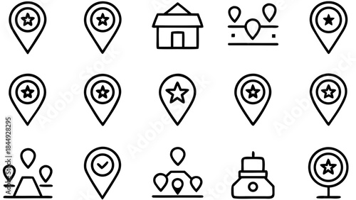 Illustration of various location pin icons and a house icon arranged in a grid pattern design style