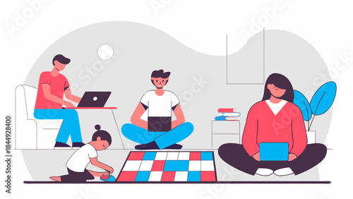 People working and playing at home with laptops and board game in a relaxed and comfortable setting