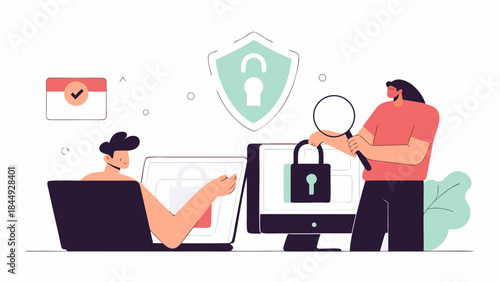 People securing data on computers with lock icons and magnifying glass for online privacy protection