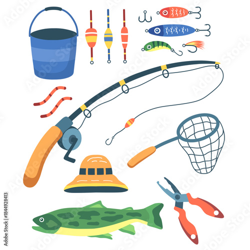 fishing equipment set.vector collection of fishing and fishermen