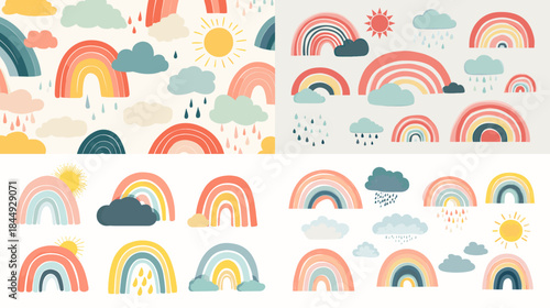 Cute pastel rainbow and cloud pattern illustration in a soft minimal style perfect for nursery decor kids design backgrounds stationery and cheerful playful visual themes.