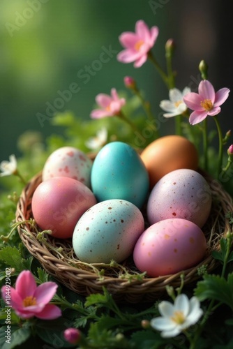 Speckled & dyed eggs surrounded by lush greenery & blossoming blooms , beautiful, Easter Sunday, blooming flowers