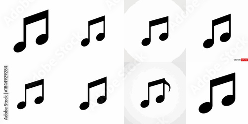 Isometric black music note icons set on white background, featuring various 3D and flat representations of the quaver symbol, ideal for app design or musical themes.