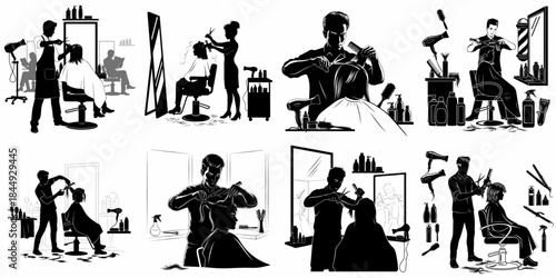 Collection of black and white silhouette illustrations depicting hair stylists and barbers cutting hair, styling, and performing various salon services.