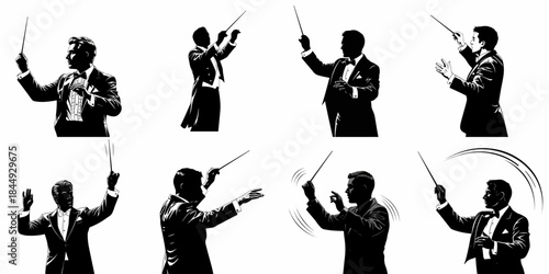 Black and white silhouettes of a symphony orchestra conductor set, featuring men in tuxedos holding batons and making expressive gestures while directing music.