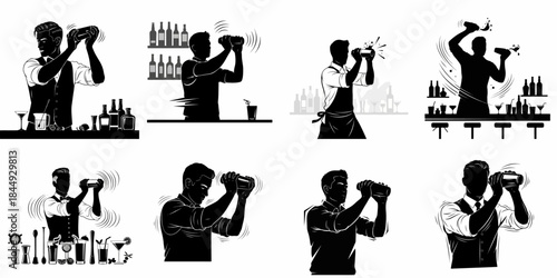 Bartender Silhouettes Collection: Eight stylish black and white vector illustrations of mixologists shaking cocktails behind a bar counter.