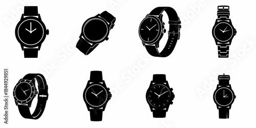A collection of eight vector silhouettes featuring various analog wristwatches, including classic, modern, chronograph, and luxury timepiece designs.