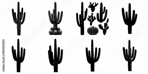 Black Silhouette Set of Desert Cactus and Succulents Vector Icons, Including Saguaro, Prickly Pear, and Barrel Varieties Isolated on White Background.
