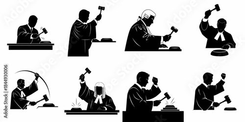 Judge Silhouette Collection Striking Gavel Set. Icons Representing Justice, Law, Court Ruling, Authority, and Auction Concepts in Various Poses.