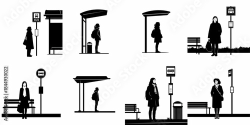 Black and white silhouettes of women waiting at various city bus stops, including shelters, benches, and signs, illustrating urban public transportation.