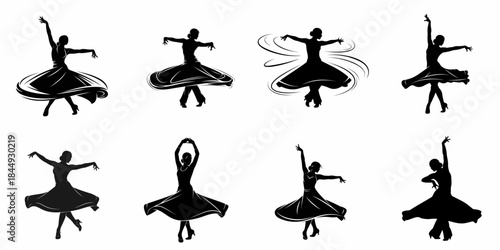 Set of black silhouettes illustrating dynamic female dancers in motion, performing flamenco, salsa, or Latin ballroom dances.