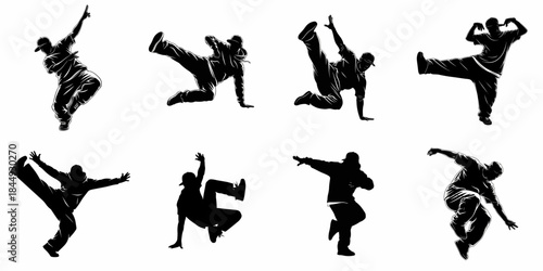 Set of eight dynamic B-boy breakdance silhouettes performing various freezes, power moves, and street hip-hop poses, isolated on white background.