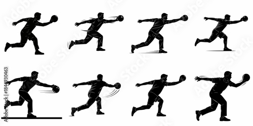 Collection of eight black silhouettes of male bowlers in action poses, delivering the bowling ball on the lane, isolated on white background.