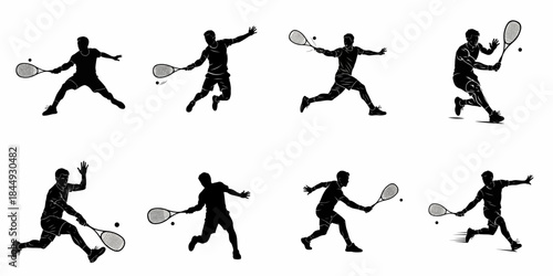Squash Player Silhouettes Set: Dynamic Collection of Male Athletes Hitting the Ball, Running, and Jumping in Various Action Poses, Isolated on White Background.