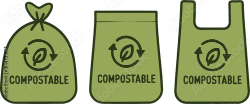 Three compostable bag icons for ecofriendly packaging