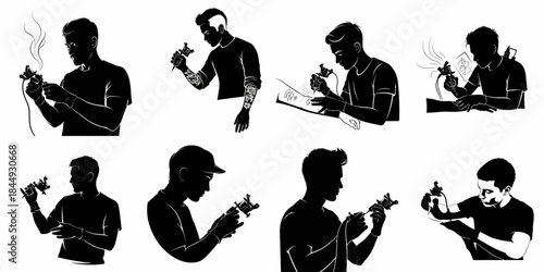 Black and white silhouettes of male tattoo artists collection holding tattoo machines, depicting different aspects of professional tattooing art and culture.