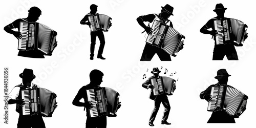 Collection of eight black and white silhouettes of men playing the accordion, depicting various musicians and musical styles like folk and jazz.