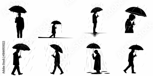 Black Silhouette Vector Set of People Walking and Standing with Umbrellas in the Rain, Isolated on a White Background.