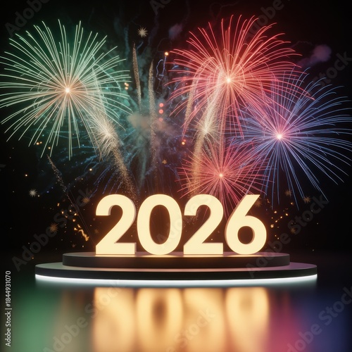 New Year Celebration: A vibrant display of fireworks illuminates the night sky above a glowing '2026' on a pedestal, heralding the arrival of a new year.