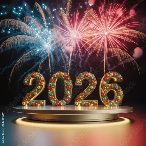 2026 Celebration: Capturing the spirit of New Year's Eve, this image presents the year 2026, set against a backdrop of vibrant fireworks, illuminated on a pedestal for an event.