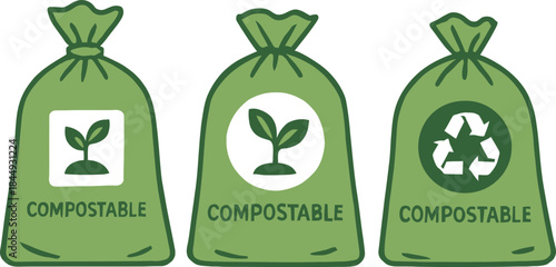 Three Compostable Bags with Plant and Recycle Symbols