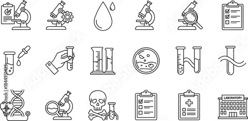 Cardiology, Heart Health, and Healthcare Line Icons Set, Including Anatomy, ECG Pulse, Test Tubes, Monitor, and Medical Drugs in Outline Style, Isolated.
