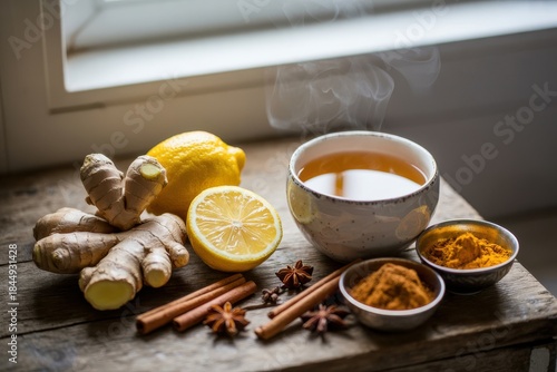 Hot ginger lemon tea with turmeric and cinnamon on wooden table