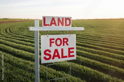 Land for sale sign in a vast green field at sunset