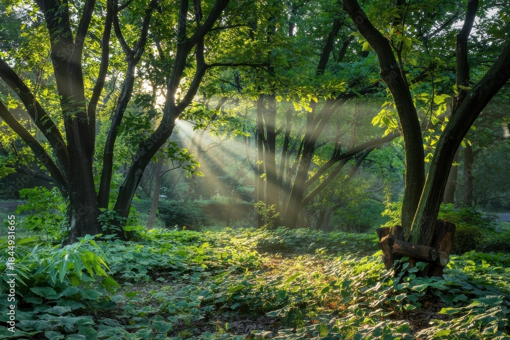 Fototapeta premium Sunbeams breaking through dense forest canopy in lush green woods