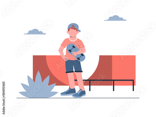 A boy with skateboard at a skate park. Generation Z vector illustration. Flat illustration concept.