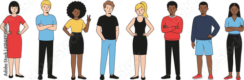 Diverse people standing together, multicultural group, casual fashion, inclusive community, modern youth, unity in diversity, stylish individuals, urban lifestyle, social harmony