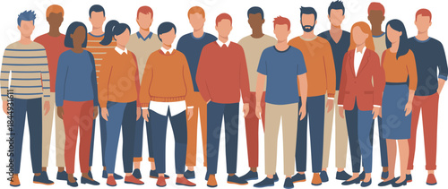 Diverse group of modern people standing together, inclusive community illustration representing teamwork, diversity, equality, workforce, collaboration, society, culture, and unity