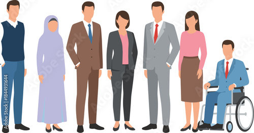 Flat vector illustration of diverse professional business team including disabled employee representing inclusion workplace diversity corporate concept modern office society
