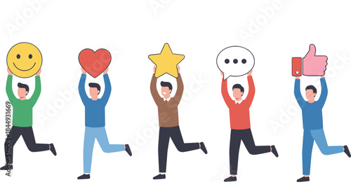 Happy people jumping with emoji symbols, joy, love, approval, communication, social media icons, cheerful mood, cloud background, vibrant illustration
