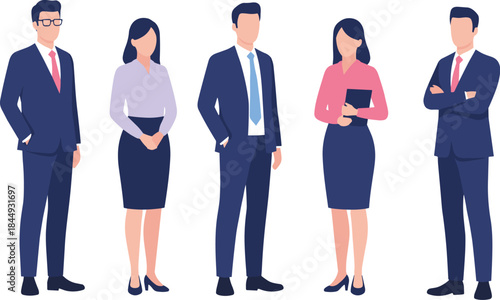 Professional business team illustration showing diverse corporate men and women standing together in formal office attire on white background vector