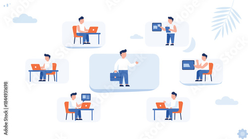 Remote work illustration, digital workspace concept, modern office setup, productivity scenes, virtual environment, business tasks, online collaboration, workflow management